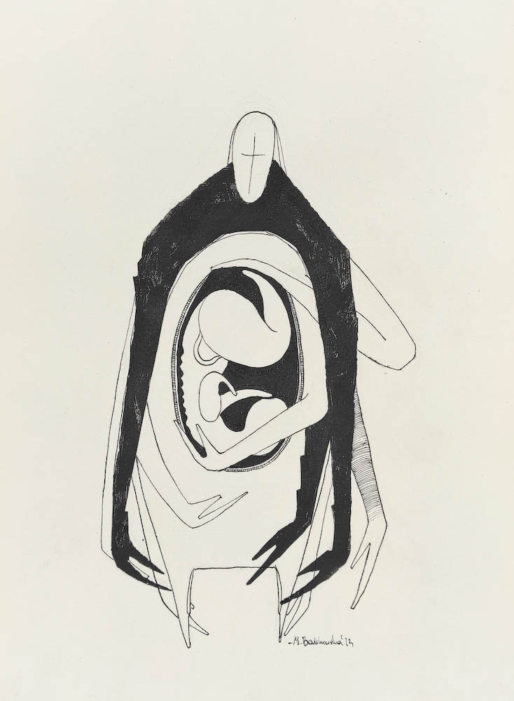 Guardian of Life 2023, Małgorzata Bańkowska mono stereo rysunek tuszem na papierze ink artwork ink drawing on paper dystopian art surrealizm sztuka dystopijna