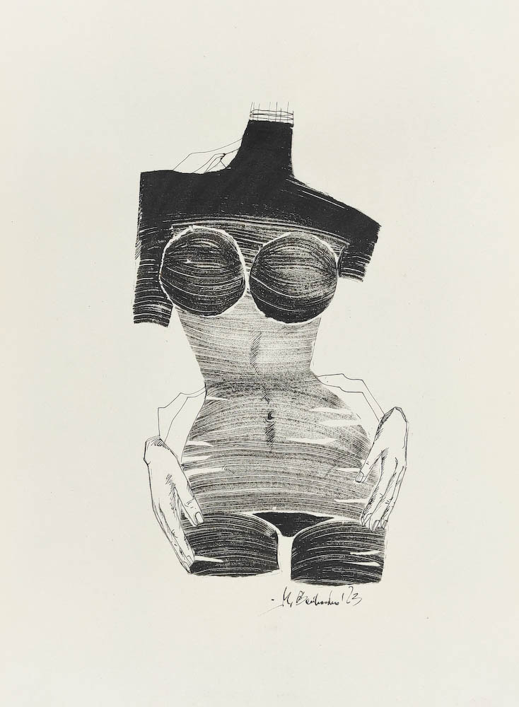 TikTok Body 2023, Małgorzata Bańkowska mono stereo rysunek tuszem na papierze ink artwork ink drawing on paper dystopian art surrealizm sztuka dystopijna