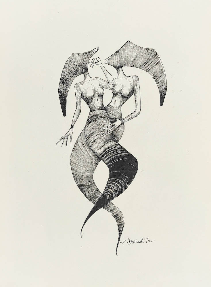 Istki 2023, Małgorzata Bańkowska mono stereo rysunek tuszem na papierze ink artwork ink drawing on paper dystopian art surrealizm sztuka dystopijna