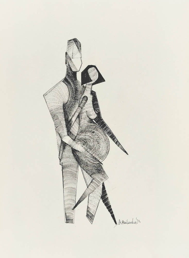 The Three of Them 2023, Małgorzata Bańkowska mono stereo rysunek tuszem na papierze ink artwork ink drawing on paper dystopian art surrealizm sztuka dystopijna