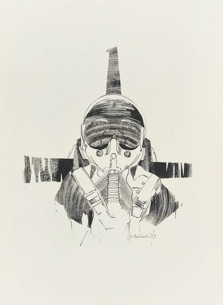 F-16 Pilot 2023, Małgorzata Bańkowska mono stereo rysunek tuszem na papierze ink artwork ink drawing on paper dystopian art surrealizm sztuka dystopijna