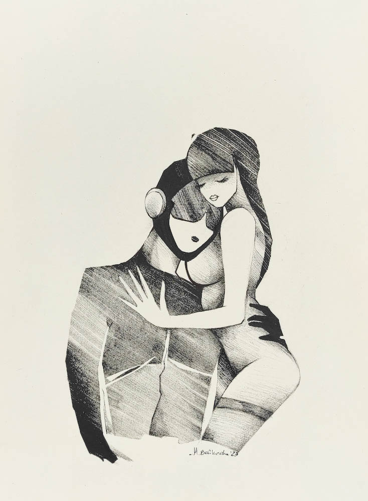 Men Are from Mars, Women Are from Venus 2023, Małgorzata Bańkowska mono stereo rysunek tuszem na papierze ink artwork ink drawing on paper dystopian art surrealizm sztuka dystopijna
