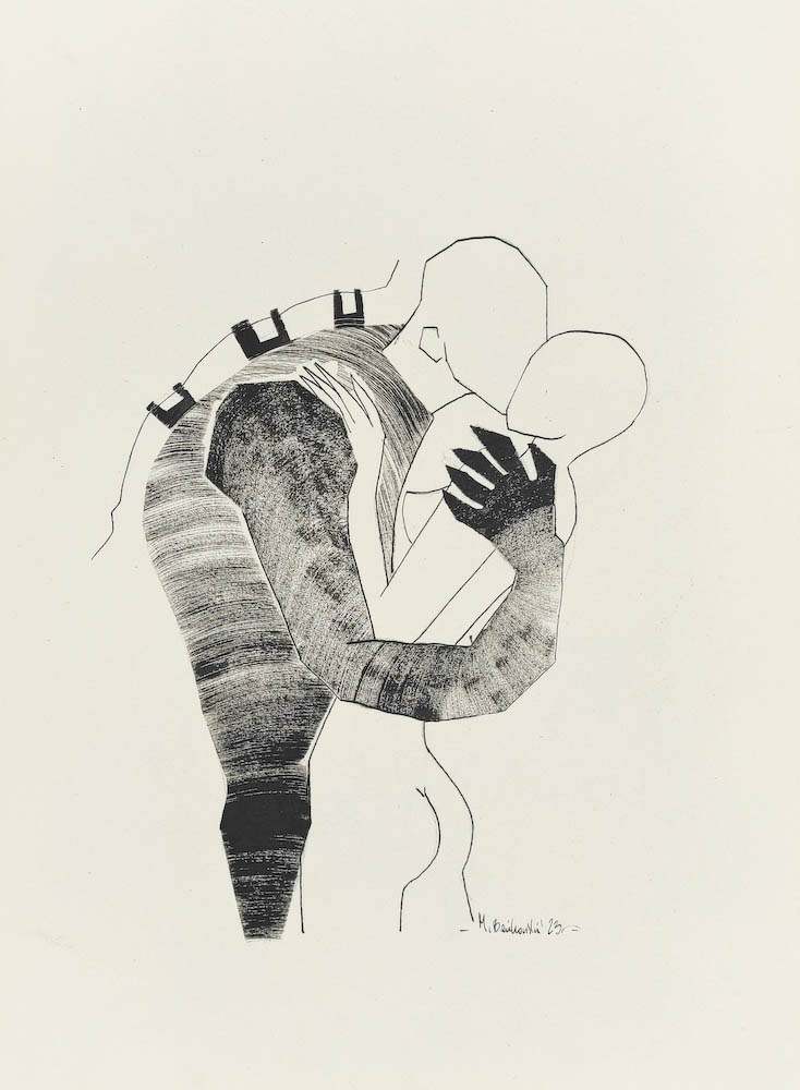 Kiss 2023, Małgorzata Bańkowska mono stereo rysunek tuszem na papierze ink artwork ink drawing on paper dystopian art surrealizm sztuka dystopijna