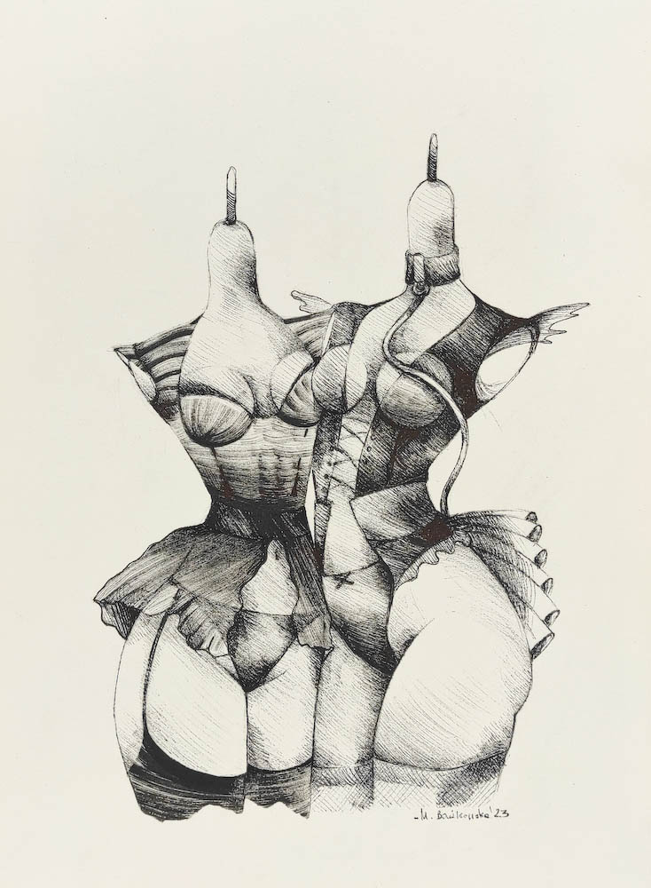 Immodest Synonyms 2023, Małgorzata Bańkowska mono stereo rysunek tuszem na papierze ink artwork ink drawing on paper dystopian art surrealizm sztuka dystopijna