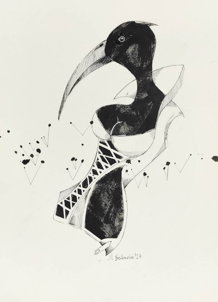 Expressive surreal art drawing in ink on paper with symbolic female imagery.