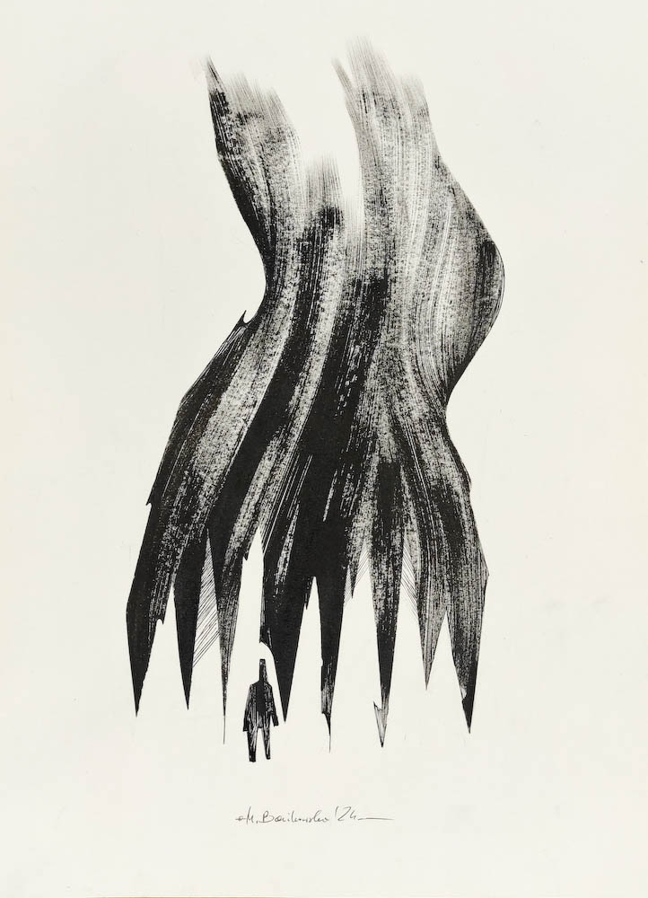 Sharp Shadow of the Fog 2024, Małgorzata Bańkowska mono stereo ink on paper fineart artcollector dystopian surrealism