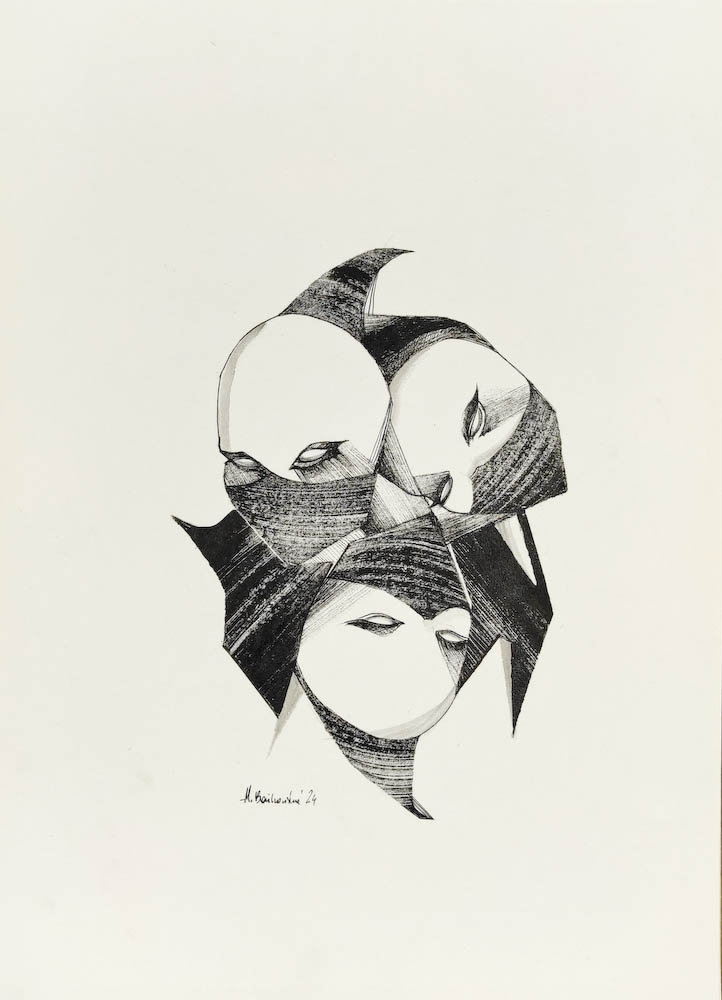 Brothers of the Road 2024, Małgorzata Bańkowska mono stereo ink on paper fineart artcollector dystopian surrealism