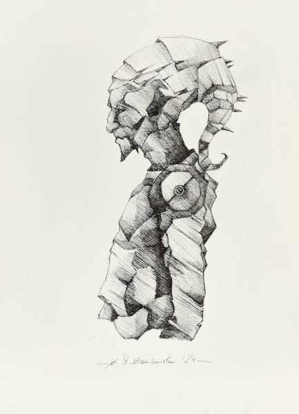 Dorset 2024, Surreal ink on paper artwork Dorset depicting a psychedelic organic-mineral figure
