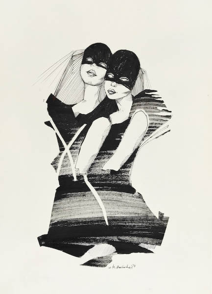 Friends 2024, Małgorzata Bańkowska mono stereo ink on paper fineart artcollector dystopian surrealism