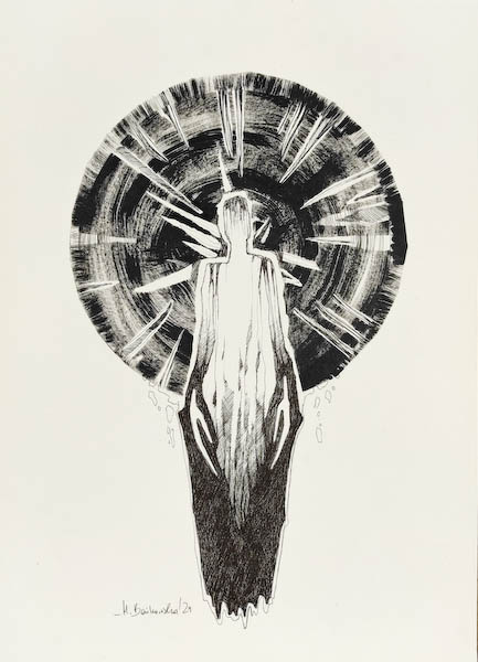 A striking surreal art piece in ink on paper, Demiurge embodies creation, decay, and transcendence.